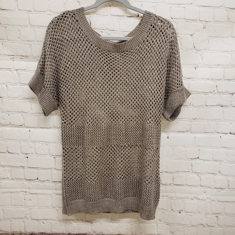 One A Taupe Open-Knit Short Sleeve Sweater